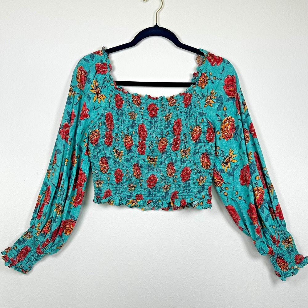 Rock & Roll‎ Denim Large Long Balloon Sleeve Crop Top Teal Floral Smocked Boho